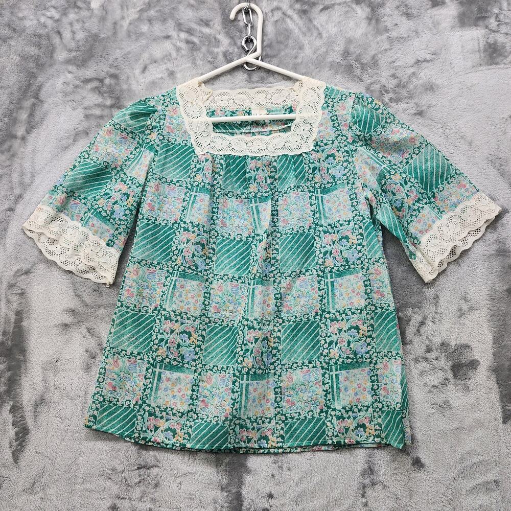 Vintage 70s Top Womens‎ XS Green Patchwork Floral Lace Square Neck Peasant Boho